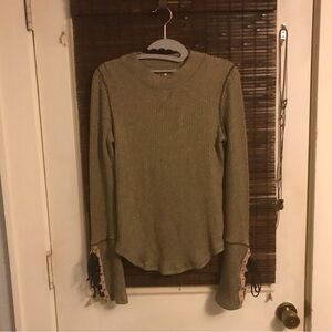 Free People  Thermal Olive Green Lace-Up Sleeve Top